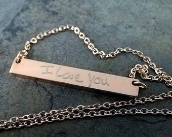 Hand Written Necklace, Personalized Handwriting Jewelry, Rose Gold Necklace, Custom Message, Mother's Day Gift, Custom Bar Necklace