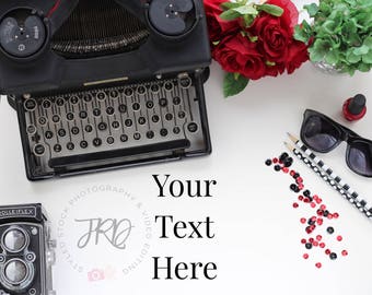 Red and Black Typewriter Styled Stock Photography Desk for Instagram, Pinterest, Branding and Blogging