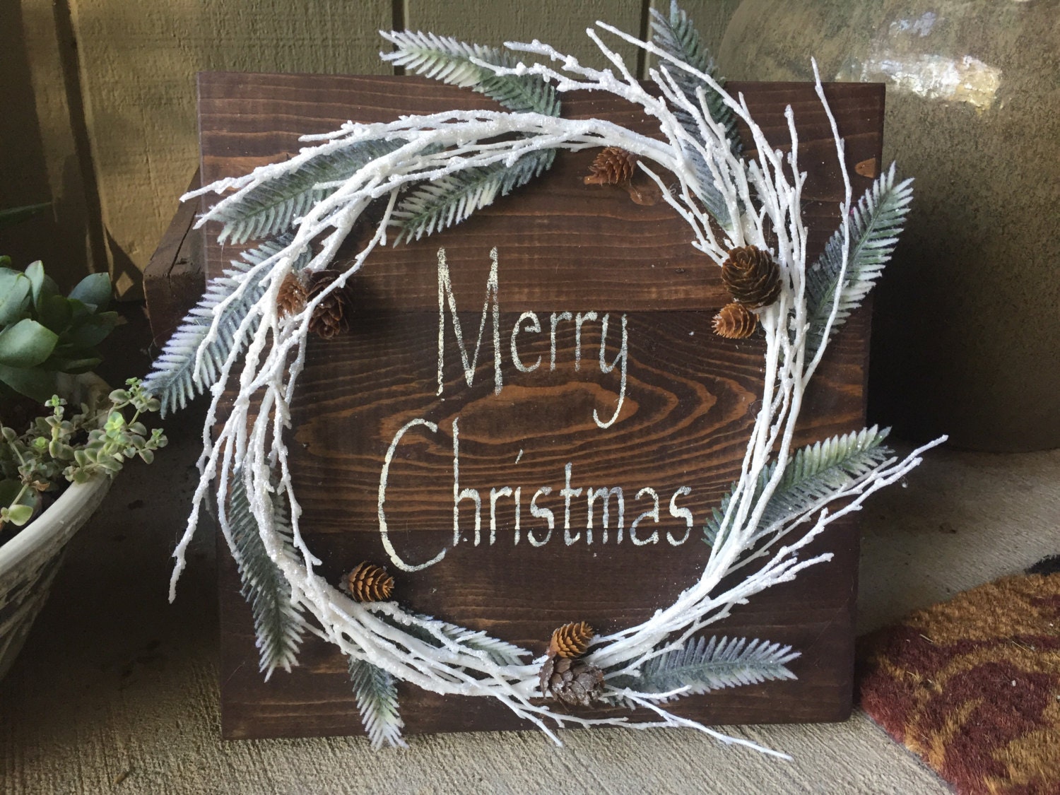 Rustic Christmas Wood Pallet Sign w/ white garland and pine