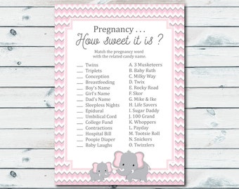 How Sweet It Is Elephant Baby Shower Game, Printable Pink And Gray Elephant Candy Game, Baby Shower Pregnancy Game, Candy Bar Game Printable