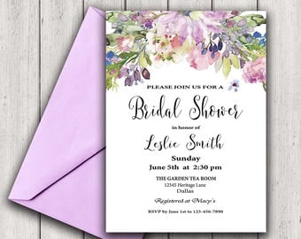 Floral Bridal Shower Invitation Purple Bridal Shower Invite, Flower Bridal Shower Invitation, Watercolor Bridal Shower Invitation, Boho chic
