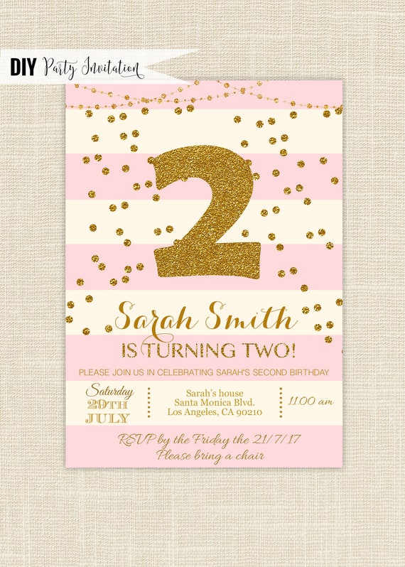 Pink and gold 2nd birthday invitations - Pink Gold 2nd Birthday Party - Pink Striped and Gold Confetti Birthday Invitation #DPI1418 Il_570xn