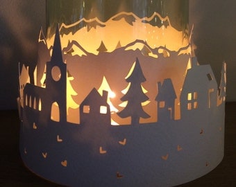 Snowy town, Christmas centre piece, bell glass, paper decoration, table centre piece, christmas decoration, unique christmas decoration