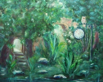 Canvas art birthday gift Acrylic painting Fairytale art Fantasy art Living room decor Green wall decor Nature Spirits Clock decor Owl art