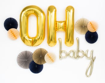 Giant Oh Baby Balloons / 46" White Gold Baby Script Balloon & 34" Giant Gold Letter Balloons / Baby Shower Decor / Gender Reveal Party