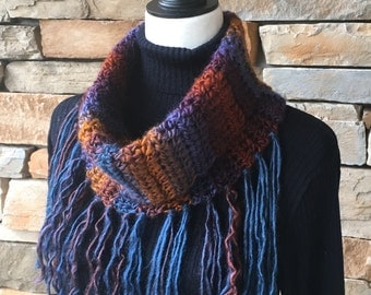 Multicolor Cowl, Scarf with a Fringe, Blue/Brown Cowl, Cowl Neck Scarf