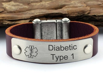 Personalized Medical ID Bracelets, Diabetes Bracelet, Medical Alert, Leather Bracelet, Diabetic Bracelet, Awareness Bracelet, Alert Bracelet