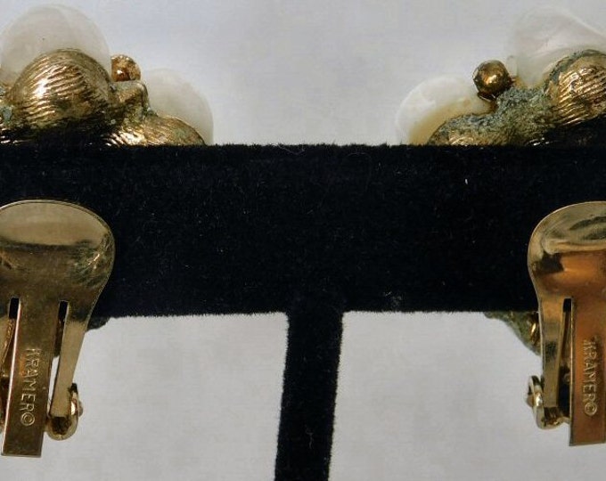 Kramer WHITE MOONSTONE Vintage Gold Tone Christmas Gifts for Her, Stocking Stuffers Beautiful Beaded Clip Earrings! 1103