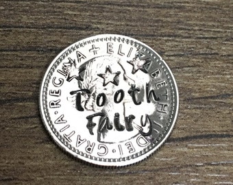 Tooth fairy coin gift - handstamped - lucky sixpence