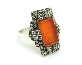 Carnelian Ring | Art Deco Ring | Marcasite Ring | 1920s Ring | Orange Silver Ring | Deco Jewelry | Marcasite Silver Ring | Statement Ring