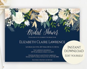 Bridal Shower Invitation Template, Editable Template, Bridal Shower Invitation, Editable PDF, PDF Template, Navy Bridal Shower Invite, DIY