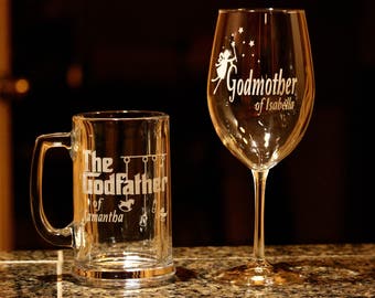 Custom Engraved Godmother Wine Glass Godfather Beer Mug Set, Godmother Wine Glass, Godfather Beer Mug, Godparents Gift, Godparents Glass
