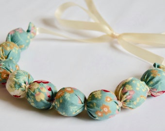 Handmade Fabric Bead necklace - Flowers in duck egg blue - jewellery