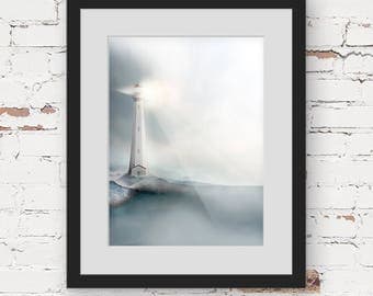 lighthouse print, nautical art, hamptons style art, monochrome art print, landscape illustration, blue grey art print contemporary art print