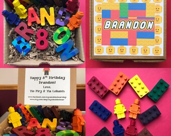 Unique Fun Lego Crayon Gift Set Personalized Lego Gift Birthday Gift Lego Birthday Lego Birthday Favors Lego Birthday Theme name crayons
