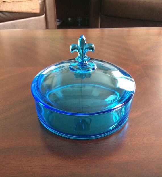 RARE Fostoria electric blue candy dish with fleur de lis