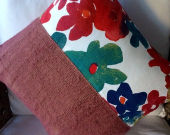 Cushion Cover Hemp Linen, Up-cycled Coffee Bean Bag, Autumn Flowers