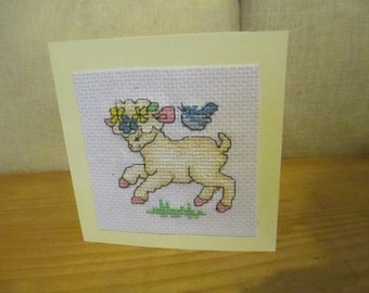 Spring Time Card Handmade Cross Stitch Lamb Women