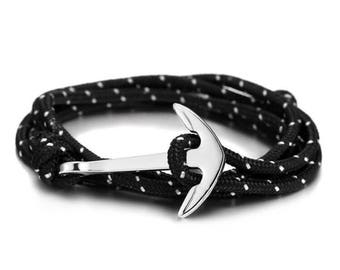 Black / white stripes rope and silver anchor bracelet, gift , mens bracelet, womens bracelet, unisex jewelry