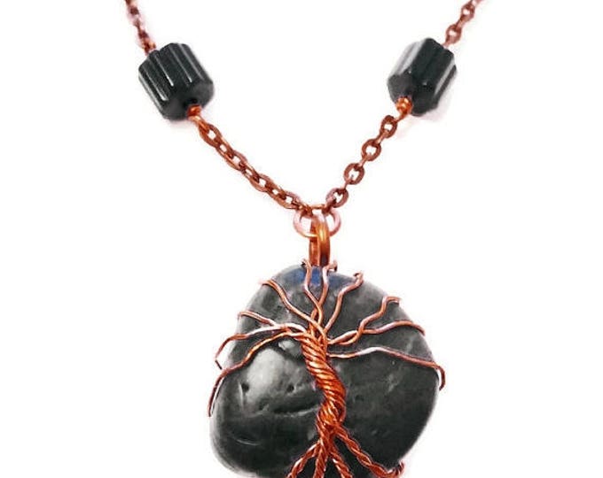 Clearance- River Rock Tree of Life Necklace, Lampwork Glass Necklace, Tree of Life Jewelry, Copper Wire Wrapped Necklace