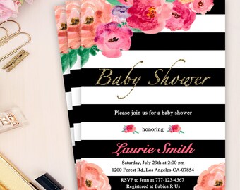 floral baby girl shower invitation, watercolor flower invites, baby shower stripes invitation, black white stripe baby shower invite
