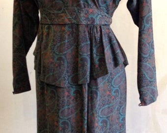 1980s Paisley Green Gray Blue Red Peplum Dress