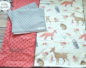 Baby girl gift set, Embroidered baby blanket, Woodlands baby blanket bedding, Girl deer burp cloth set, Minky baby blanket, Fox baby bblanke