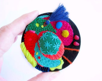 Textile Neon Brooch or Necklace - Broderie - Bordado - Embroidered Jewelry - Blue Tassel Brooch - Colorful Fabric Badge - Neon Statement Pin