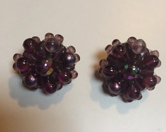 German Purple Beaded Clip On Earrings