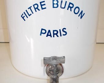 French Enamel Water Filter System. Filtre Buron PARIS. 1940's French water filter. White enamel, Blue writing.