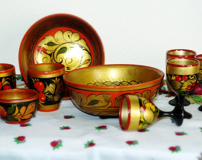 sale set 9 vintage wooden utensils - Soviet rare wooden cups and bowls - Khokhloma painting - Hand-painted wooden bowls - Vintage USSR