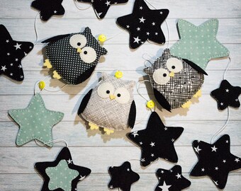 Nursery garland Owl decor New baby gift Woodland nursery Mint gray kids room Black and white baby room decor Nursery wall decor Scandinavian