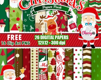 Christmas Digital Paper, Holiday, Christmas, Traditional, Red & Green, Scrapbook Paper, Ornaments, Snowman, Santa, Paper, Clip Art, FREE