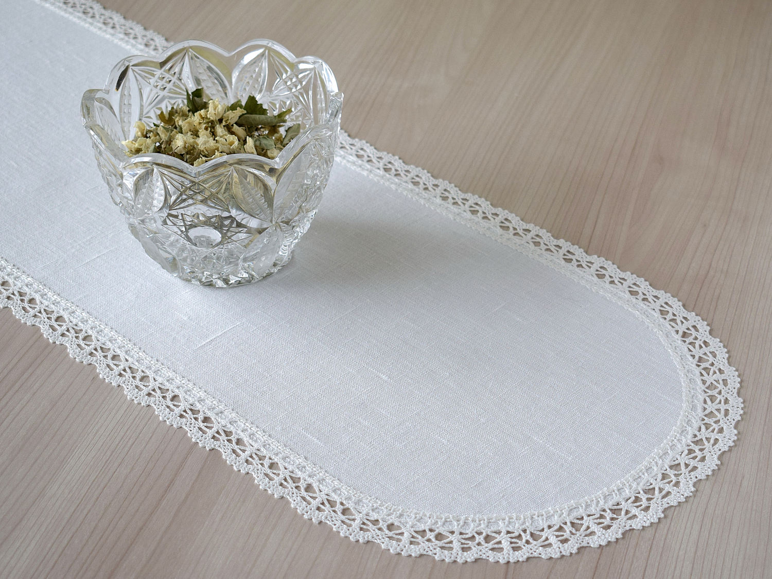 Lace edged doily White linen table runner Dresser scarf