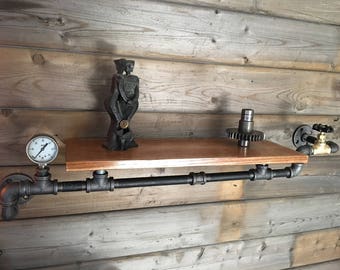 Rustic Oak Pipe Shelf, Steampunk Style