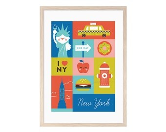 New York. Child New York blade. Illustration, printable, printing, children, donuts, Burger, ny