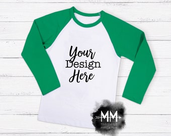 Raglan T-Shirt Mockup, Green Sleeve Shirt Display, Long Sleeve White T-Shirt, Apparel Display, St Patricks Day Shirt Mockup Instant Download