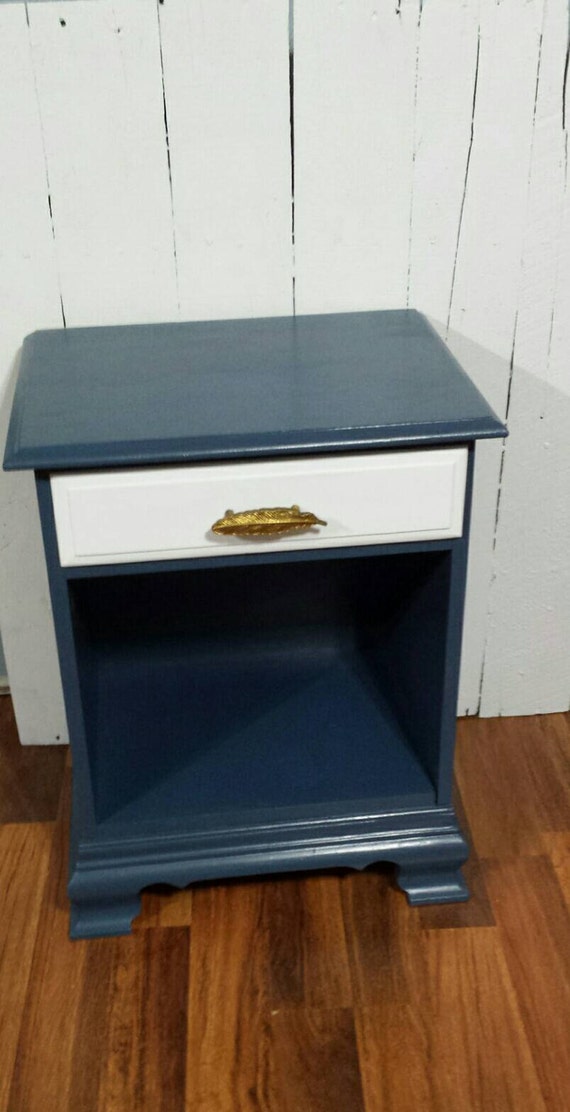 Painted Dark/ Navy Blue Nightstand w/ White Drawer Distressed