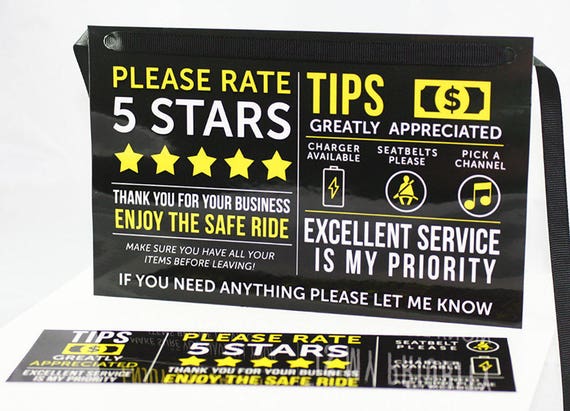 Uber Lyft Rating And Tip Sign For Rideshare Drivers Front And
