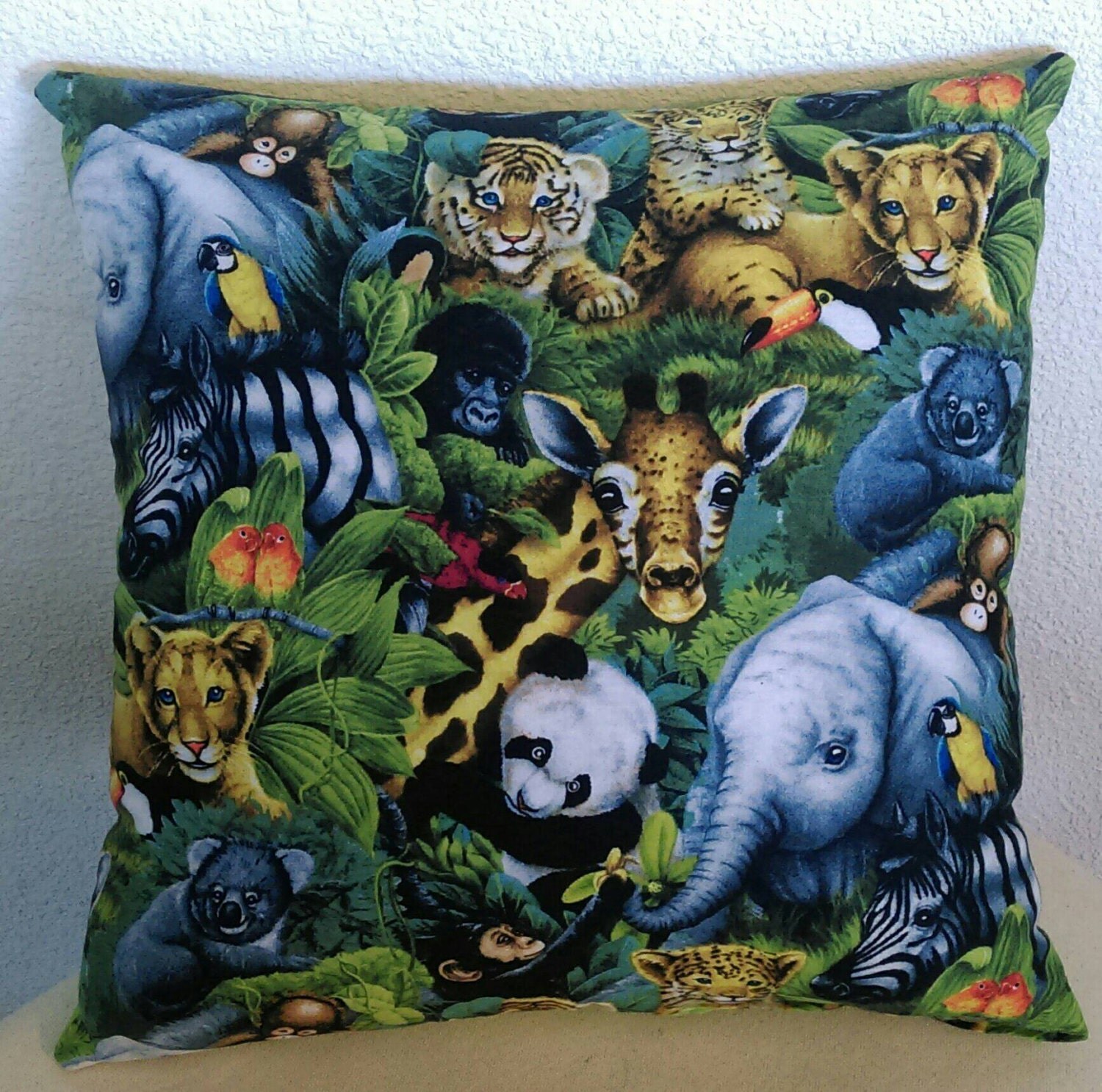 Baby Animals Stuffed Throw Pillow with Batik Yellow Back