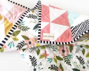 Pink Puzzlecloth Modern Wholecloth Baby Quilt-Modern Baby Girl Quilt-Baby Quilt Blanket-Floral Baby Quilt, Boho Baby Quilt, Indie Baby Quil
