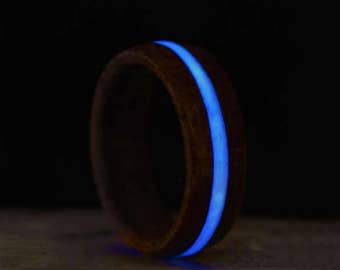 Glow in the Dark Wooden Ring with Blue Glow, Made From Cherry Wood and Luminescent Pigment
