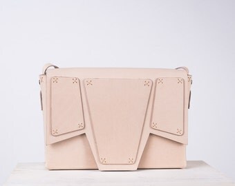 Natural Leather Satchel Bag, Vegetable Tanned Leather Purse, Nude Leather Bag, Genuine Leather Shoulder Bag, Minimalist Bag, Geometric Bag