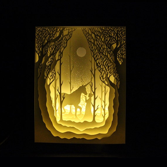 Silhouette Unicorn and girl paper cut Light box by trysogodar