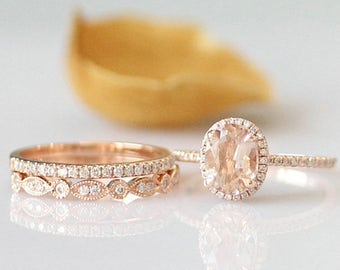 6X8mm Oval Cut Morganite Ring Set 14k Rose Gold Engagement Ring Set Morganite Engagement Ring Set Anniversary Gift Bridal Wedding Ring Set