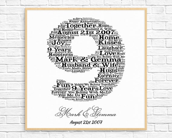 PERSONALIZED 9th ANNIVERSARY Gift Word Art Printable Art