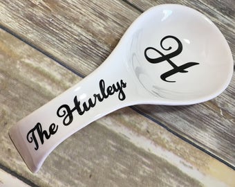 Personalized Spoon Rest, Porcelain Spoon Rest, Wedding Gift, Spoon Holder, Housewarming Gift, Family Name, White Spoon Rest, Monogrammed
