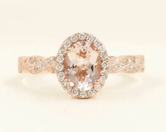 14K Rose Gold Engagement Ring.Oval Shaped Morganite Engagement Ring Set.Diamond Engagement Ring Set.Diamond Twist Rope wedding band.Halo