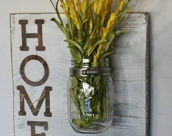 Home Rustic Wall Sconce, Farmhouse Decor, Rustic Mason Jar Vase, Mason Jar Wood Sign, Farmhouse Sign