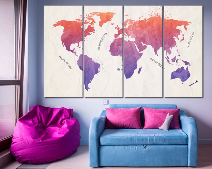Colorful Watercolor World Map Canvas Set, Abstract World Map Print / 1,3,4 or 5 Panels on Canvas Wall Art for Home & Office Decoration